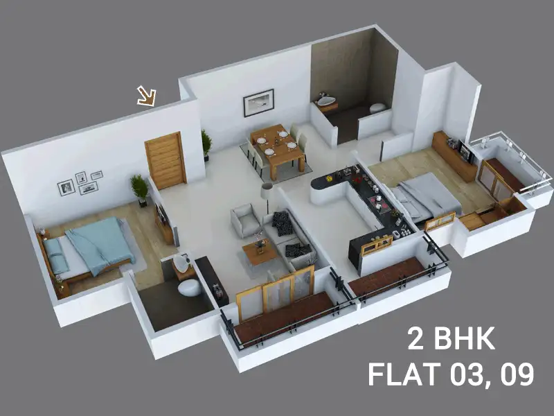 03 2BHK 1005 sft 3D Plan