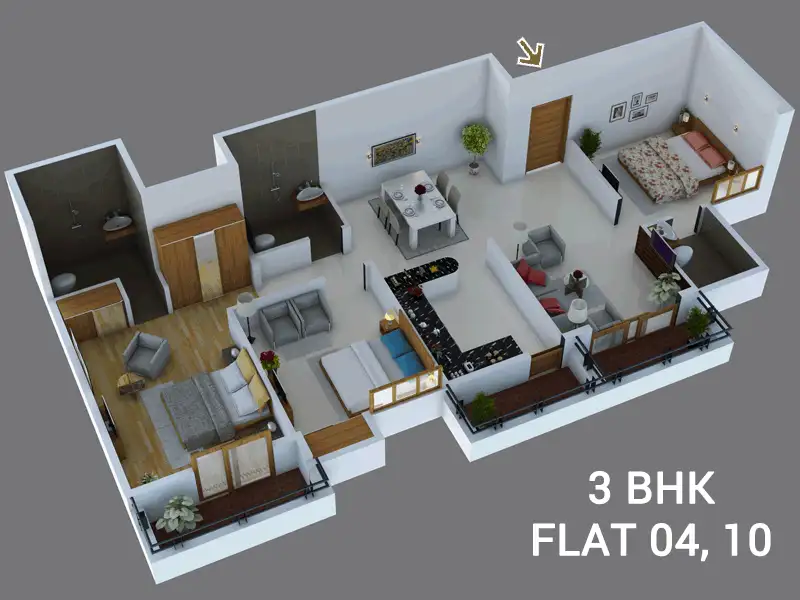 04 2BHK 1287 sft 3D Plan